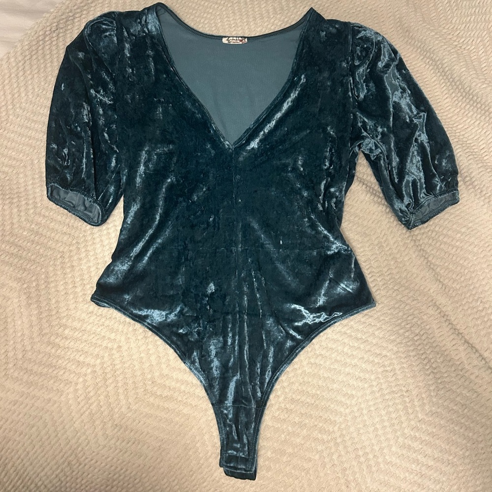 Free People Velvet Bodysuit in Deep Green / Turquoise, size Medium